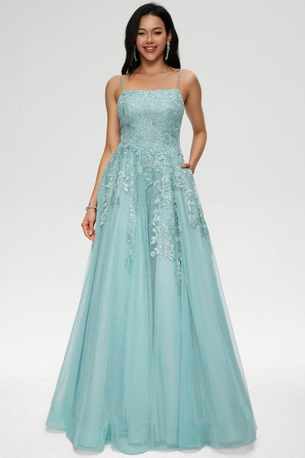 Princesse col droit longueur ras du sol tulle robe de bal avec paillettes appliques de dentelle