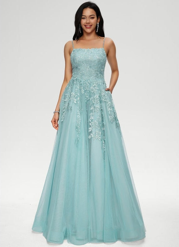 Princesse col droit longueur ras du sol tulle robe de bal avec paillettes appliques de dentelle
