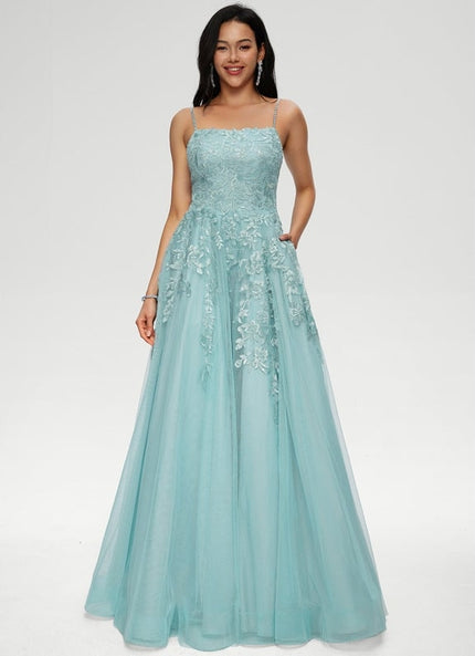 Princesse col droit longueur ras du sol tulle robe de bal avec paillettes appliques de dentelle