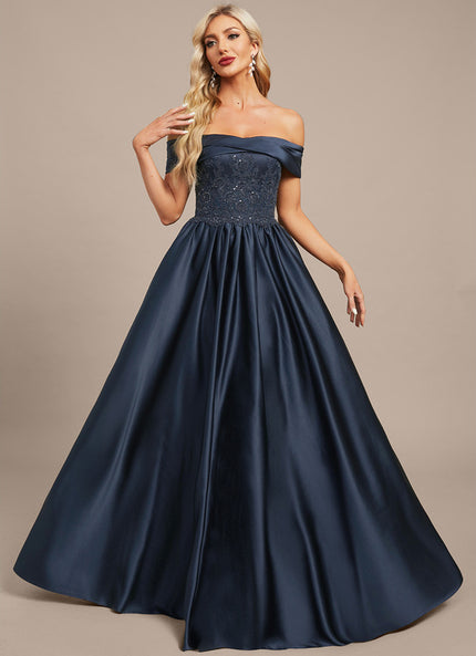 Trapèze épaule dénudée longueur ras du sol satin dentelle robe de soirée avec plissée paillettes