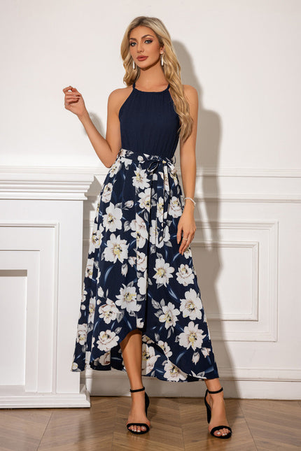 Robe imprimé fleur licou trapèze mousseline polyester asymétrique midi - gallery 3