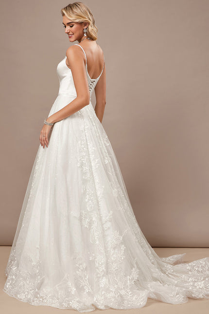 Trapèze col v traîne balayage dentelle tulle robe de mariée avec perles paillettes - gallery 6