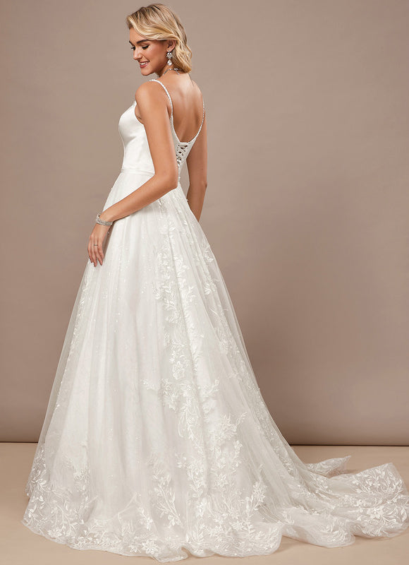 Trapèze col v traîne balayage dentelle tulle robe de mariée avec perles paillettes - gallery 6