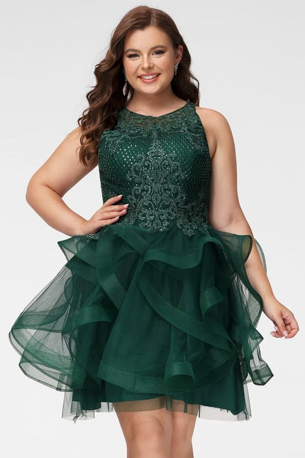 Princesse col rond court tulle dentelle robe de bal de promo avec paillettes - gallery 8