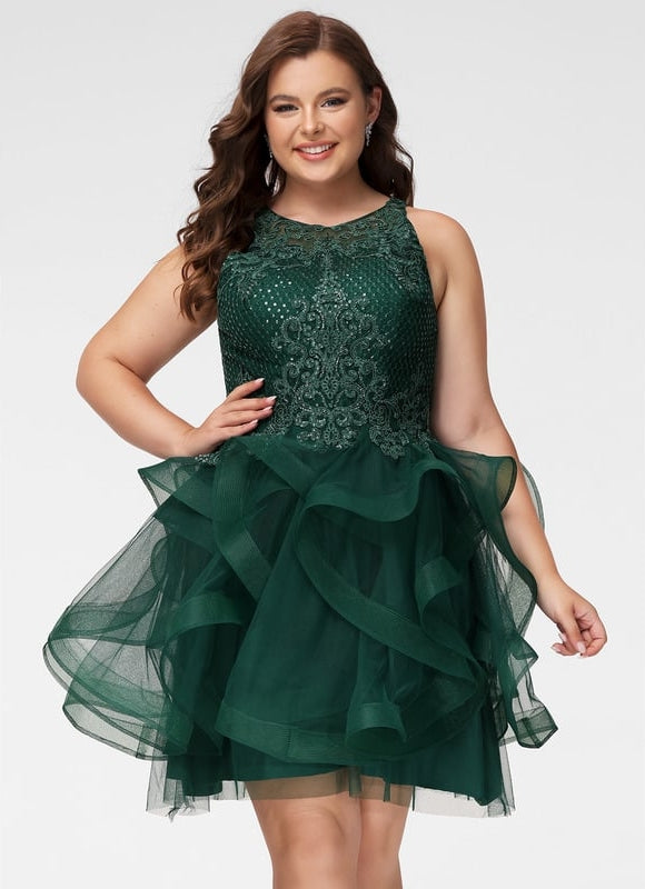 Princesse col rond court tulle dentelle robe de bal de promo avec paillettes - gallery 8