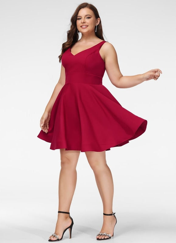 Trapèze col v court crêpe extensible robe de bal de promo - gallery 9