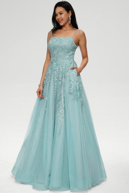 Princesse col droit longueur ras du sol tulle robe de bal avec paillettes appliques de dentelle - gallery 1