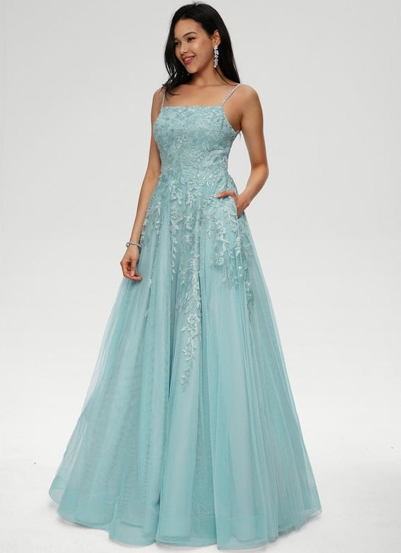 Princesse col droit longueur ras du sol tulle robe de bal avec paillettes appliques de dentelle - gallery 1