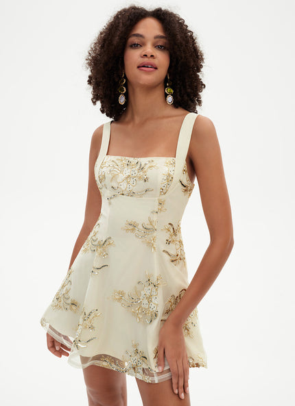 Trapèze col carré mini dentelle robe de bal de promo avec paillettes