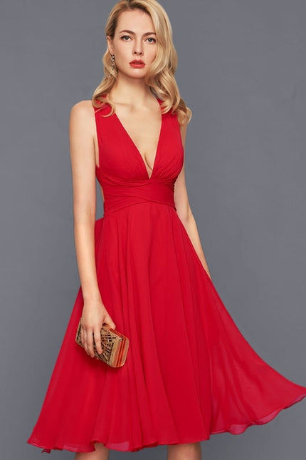 Trapèze col v longueur genou mousseline robe de cocktail avec nœud à volants