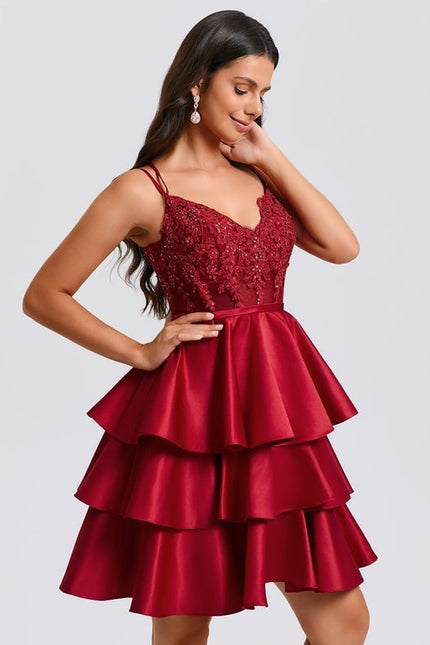 Princesse col v court satin robe de bal de promo avec paillettes appliques de dentelle perles - gallery 5