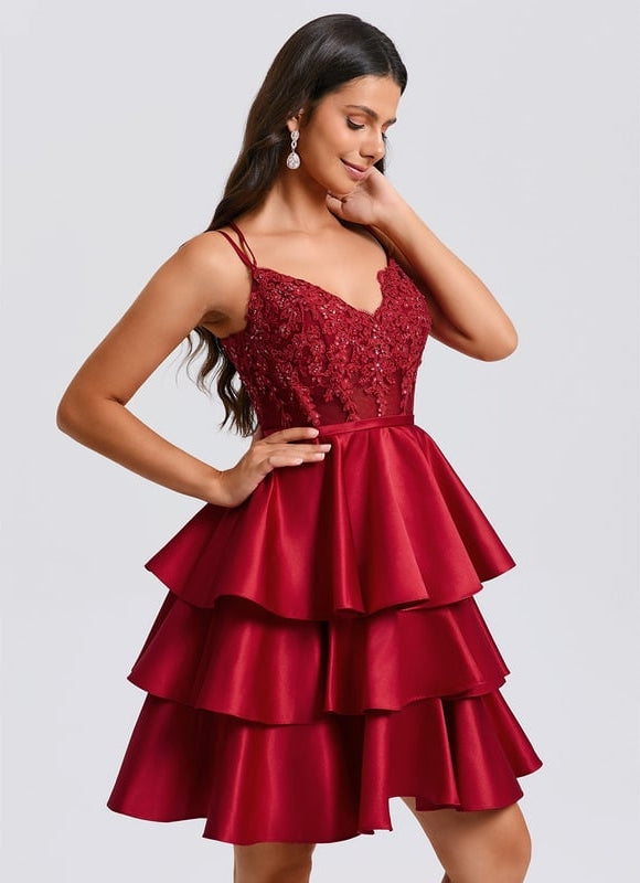 Princesse col v court satin robe de bal de promo avec paillettes appliques de dentelle perles - gallery 5