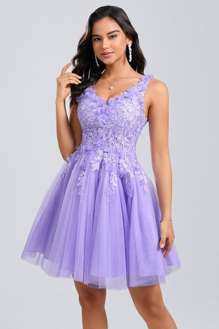 Princesse col v court dentelle tulle robe de bal de promo avec fleurs - gallery 1