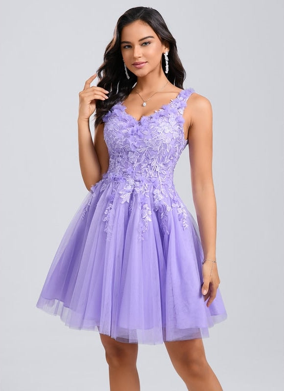 Princesse col v court dentelle tulle robe de bal de promo avec fleurs - gallery 1