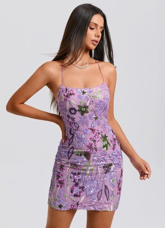 Moulante col rond mini dentelle floral robe de bal de promo avec paillettes broderie - gallery 3
