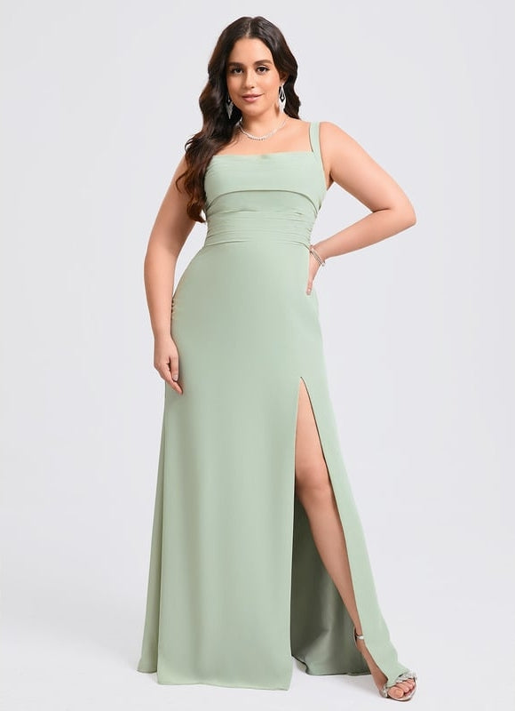 Sirène col carré longueur ras du sol mousseline robe de demoiselle d'honneur - gallery 6