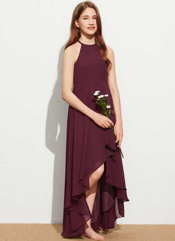 Trapèze licou asymétrique mousseline robe de demoiselle d'honneur - junior - gallery 3