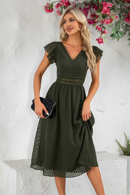 Robe à volants jacquard col v trapèze mousseline jacquard midi - gallery 2