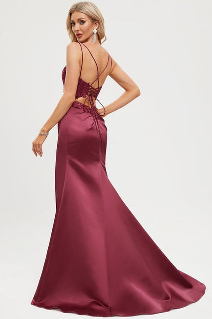 Sirène col rond traîne balayage satin robe de bal avec paillettes - gallery 2