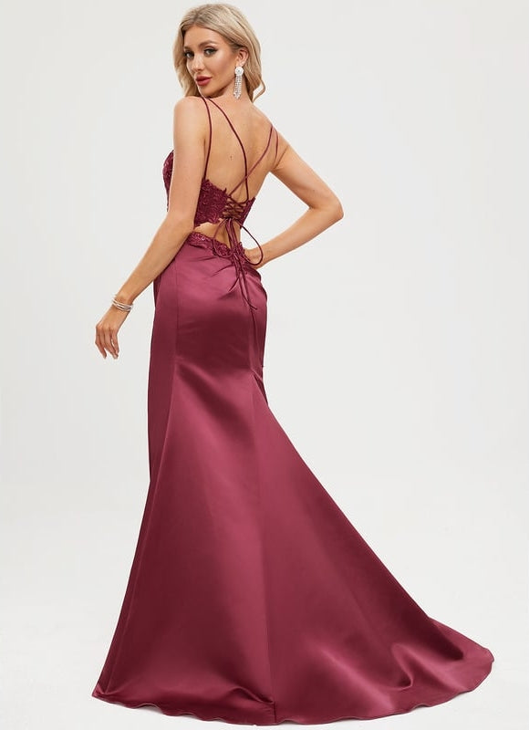 Sirène col rond traîne balayage satin robe de bal avec paillettes - gallery 2