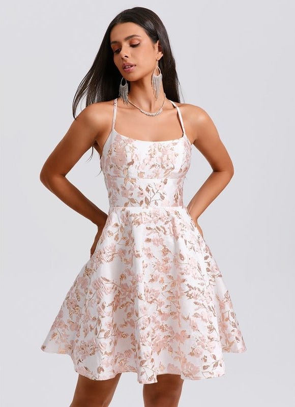 Trapèze col rond court jacquard robe de bal de promo - gallery 2