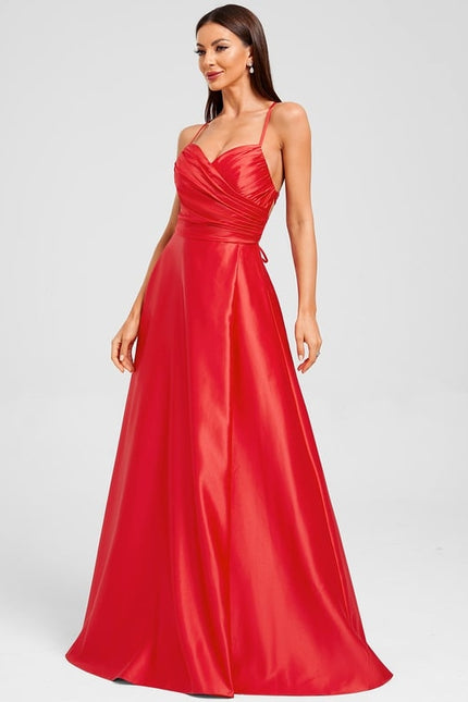 Trapèze col v longueur ras du sol satin robe de bal avec plissée - gallery 3