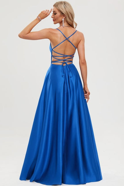 Trapèze col v longueur ras du sol satin robe de bal avec plissée - gallery 1