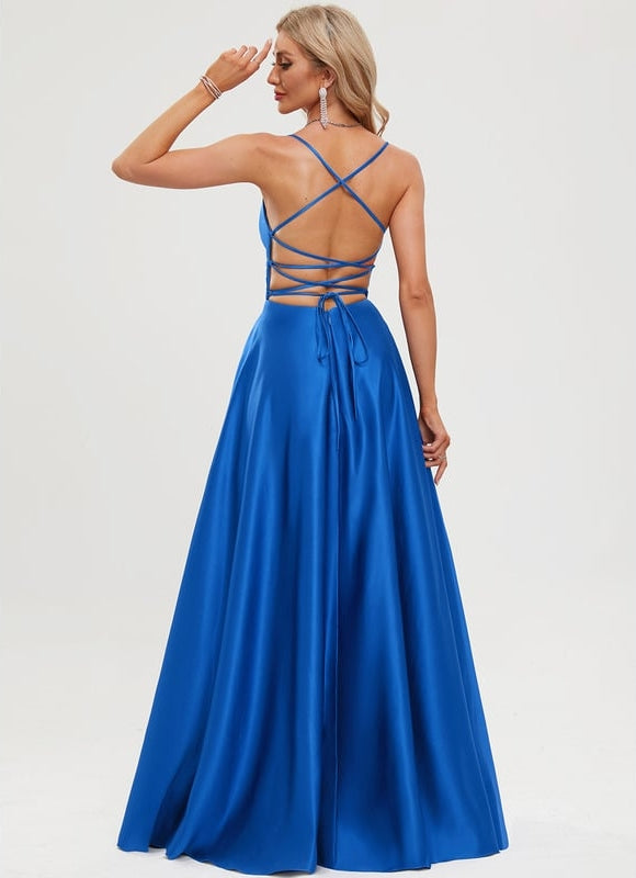 Trapèze col v longueur ras du sol satin robe de bal avec plissée - gallery 1