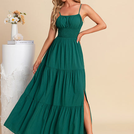 Robe plissée col carré trapèze polyester maxi