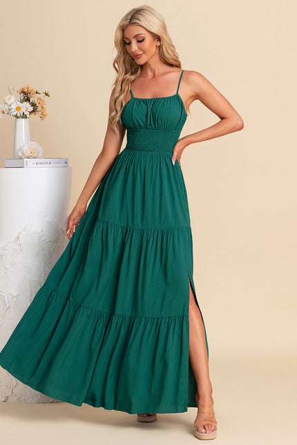 Robe plissée col carré trapèze polyester maxi