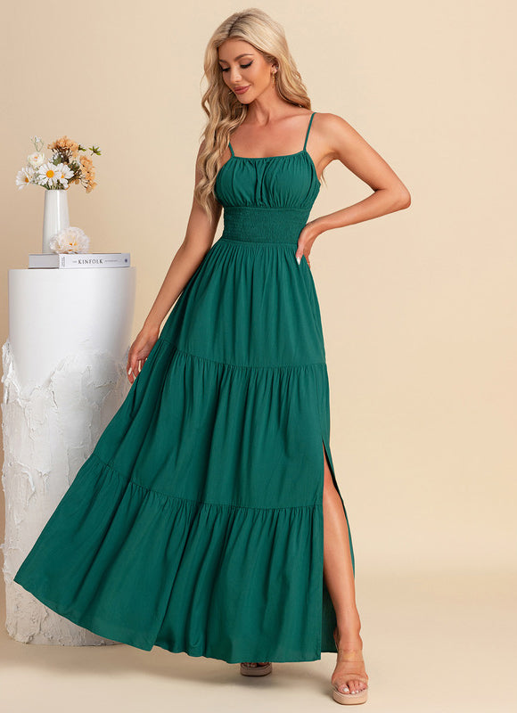 Robe plissée col carré trapèze polyester maxi
