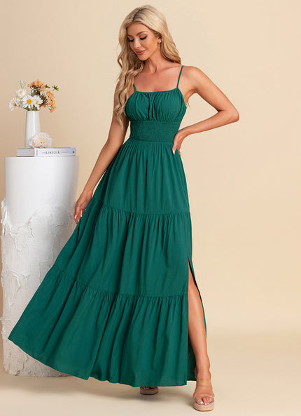 Robe plissée col carré trapèze polyester maxi