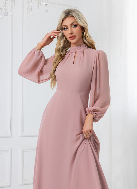 Robe col montant trapèze mousseline midi - gallery 3