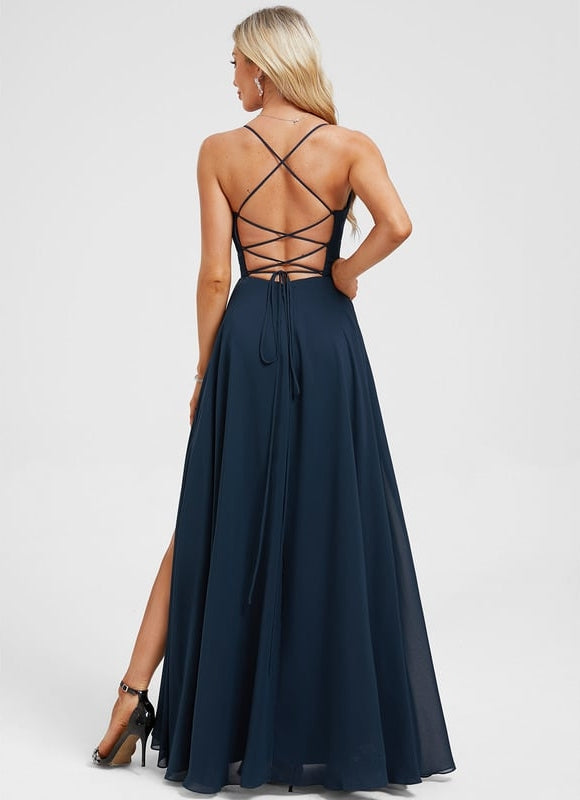 Trapèze col v longueur ras du sol mousseline robe de bal avec plissée - gallery 5