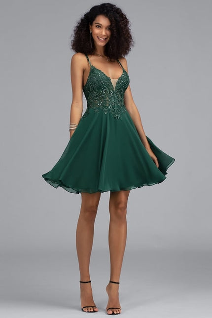 Trapèze col v court mousseline robe de bal de promo avec paillettes perles - gallery 3