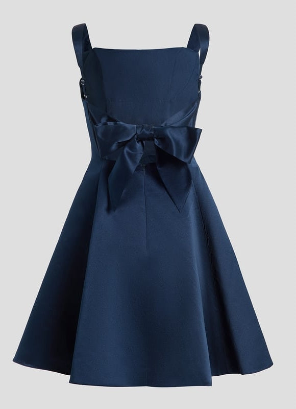 Trapèze col droit court satin robe de bal de promo avec nœud - gallery 8