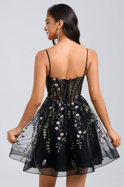 Trapèze col v court dentelle robe de bal de promo - gallery 4