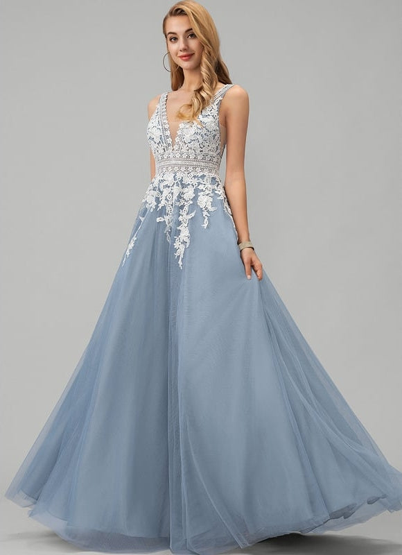 Princesse col v longueur ras du sol tulle robe de bal - gallery 1