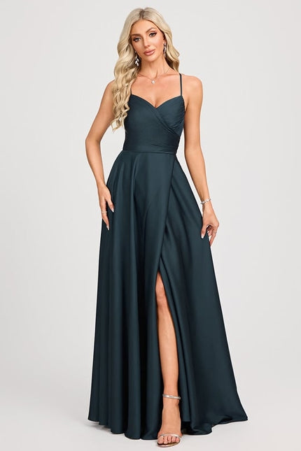 Trapèze col v longueur ras du sol satin mat robe de bal avec plissée - gallery 2