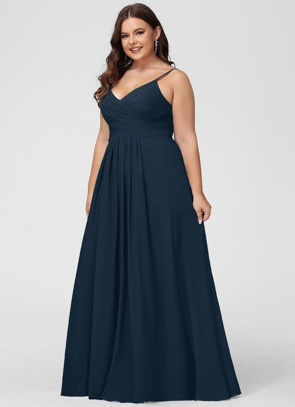 Trapèze col v longueur ras du sol mousseline robe de bal avec plissée - gallery 8