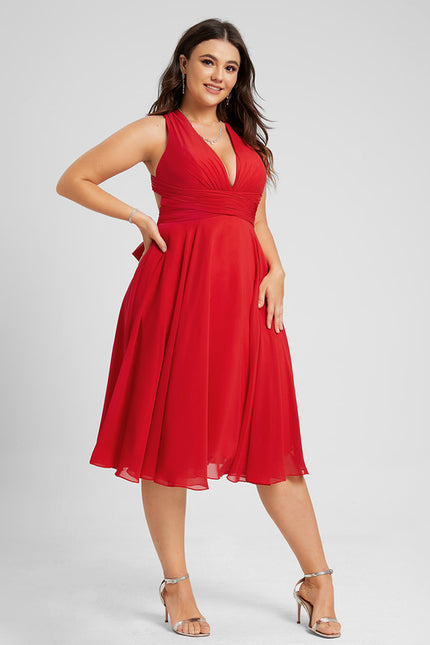 Trapèze col v longueur genou mousseline robe de cocktail avec nœud à volants - gallery 7