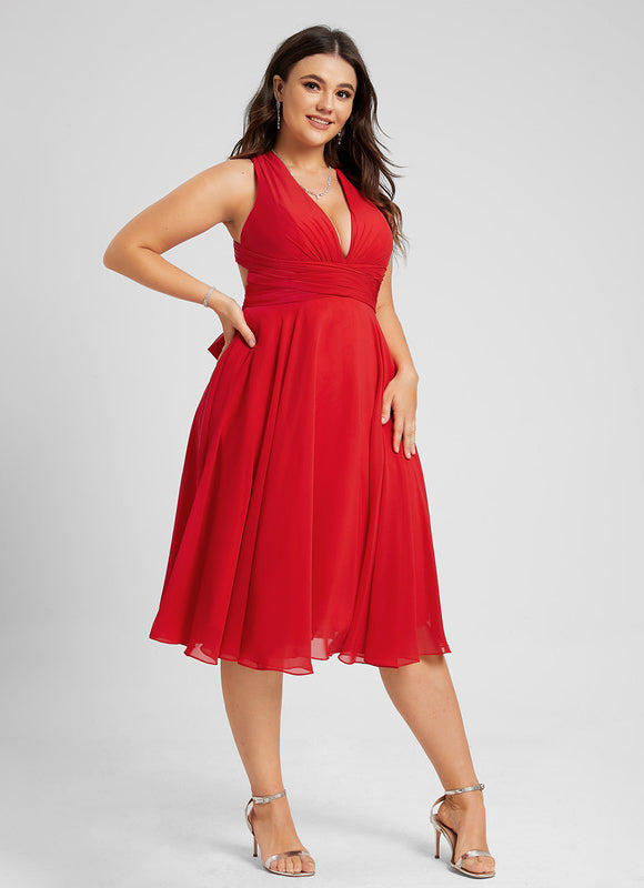 Trapèze col v longueur genou mousseline robe de cocktail avec nœud à volants - gallery 7