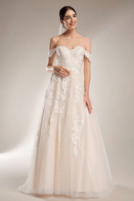 Princesse épaule dénudée traîne balayage tulle dentelle robe de mariée - gallery 5