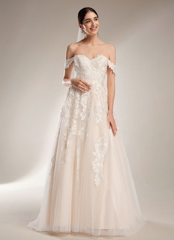 Princesse épaule dénudée traîne balayage tulle dentelle robe de mariée - gallery 5