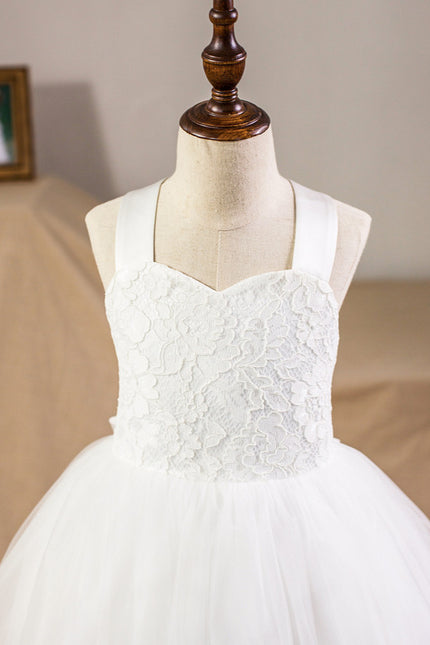 Princesse col cœur longueur mollet satin/tulle/dentelle robes fille mariage avec nœud - gallery 2