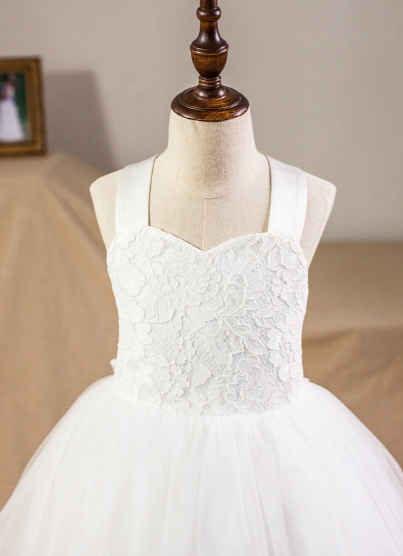 Princesse col cœur longueur mollet satin/tulle/dentelle robes fille mariage avec nœud - gallery 2