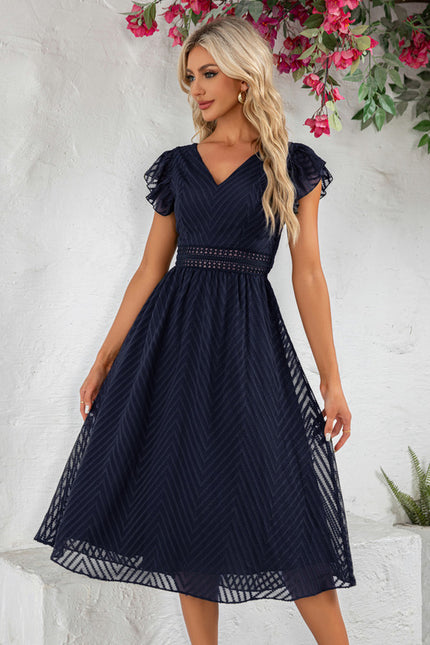Robe à volants jacquard col v trapèze mousseline jacquard midi - gallery 6