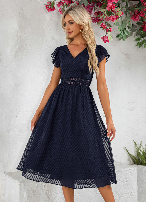 Robe à volants jacquard col v trapèze mousseline jacquard midi - gallery 6
