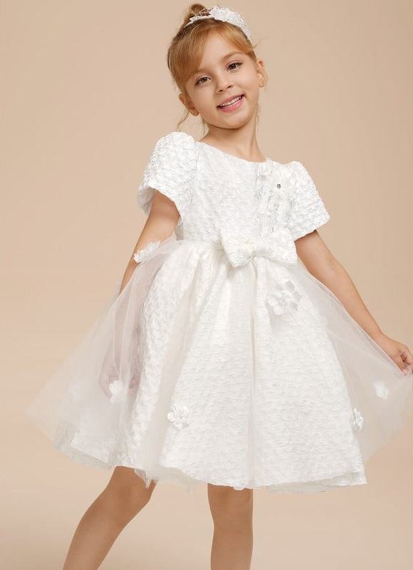 Trapèze col rond longueur genou satin robes fille mariage avec perles/motif floral 3d/nœud - gallery 8