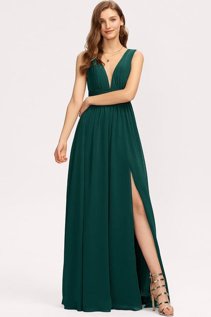 Trapèze col v longueur ras du sol mousseline robe de bal avec plissée - gallery 8